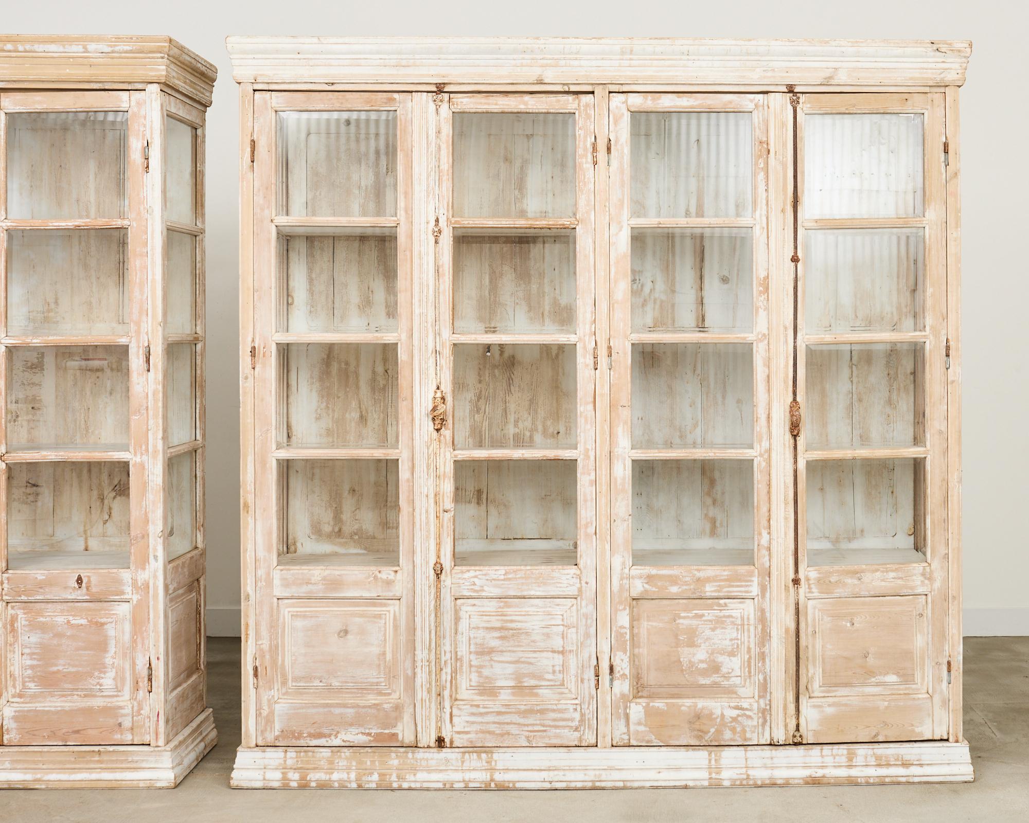 Pair of Country French Pine Library Bookcases Beveled Glass Doors For Sale 5