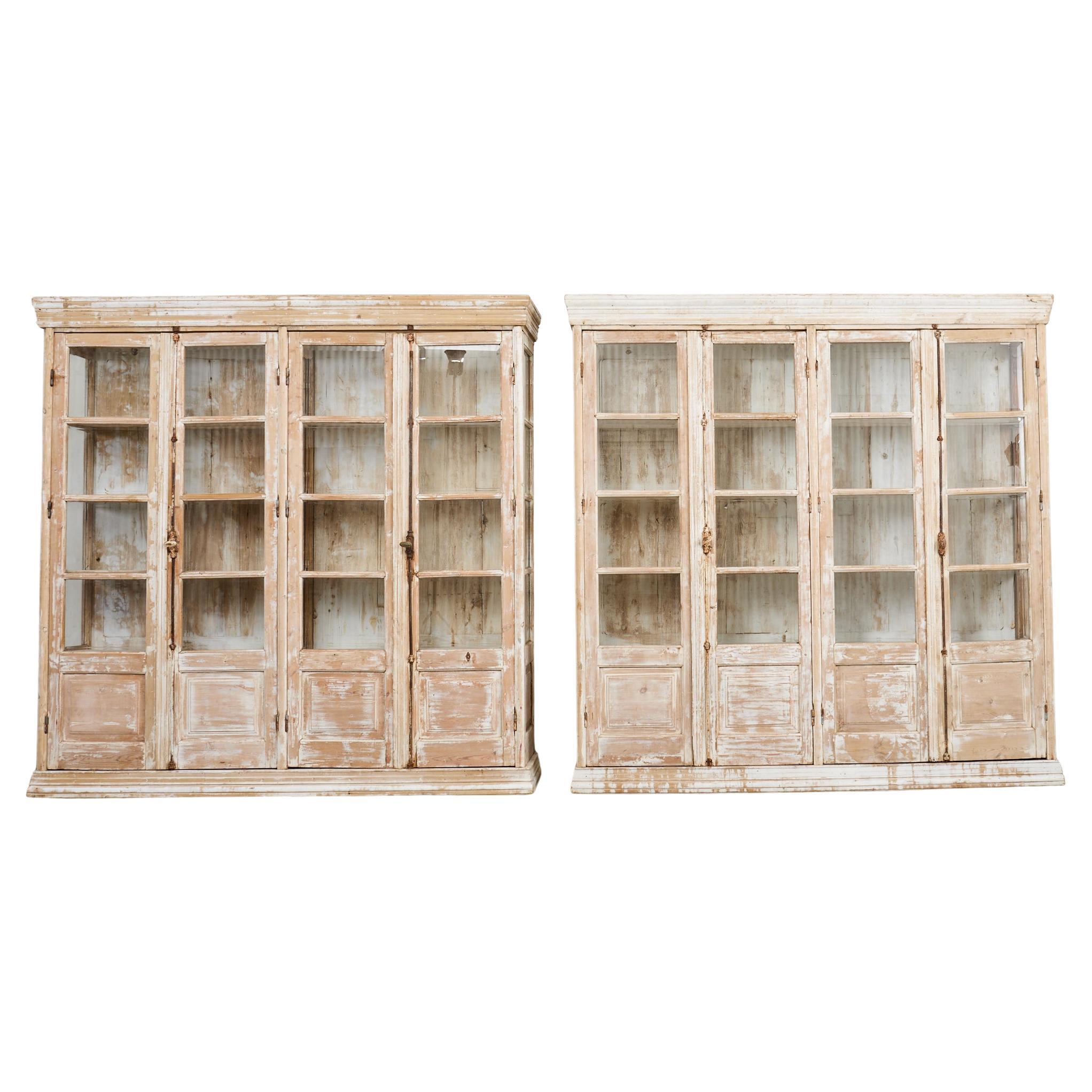 Pair of Country French Pine Library Bookcases Beveled Glass Doors