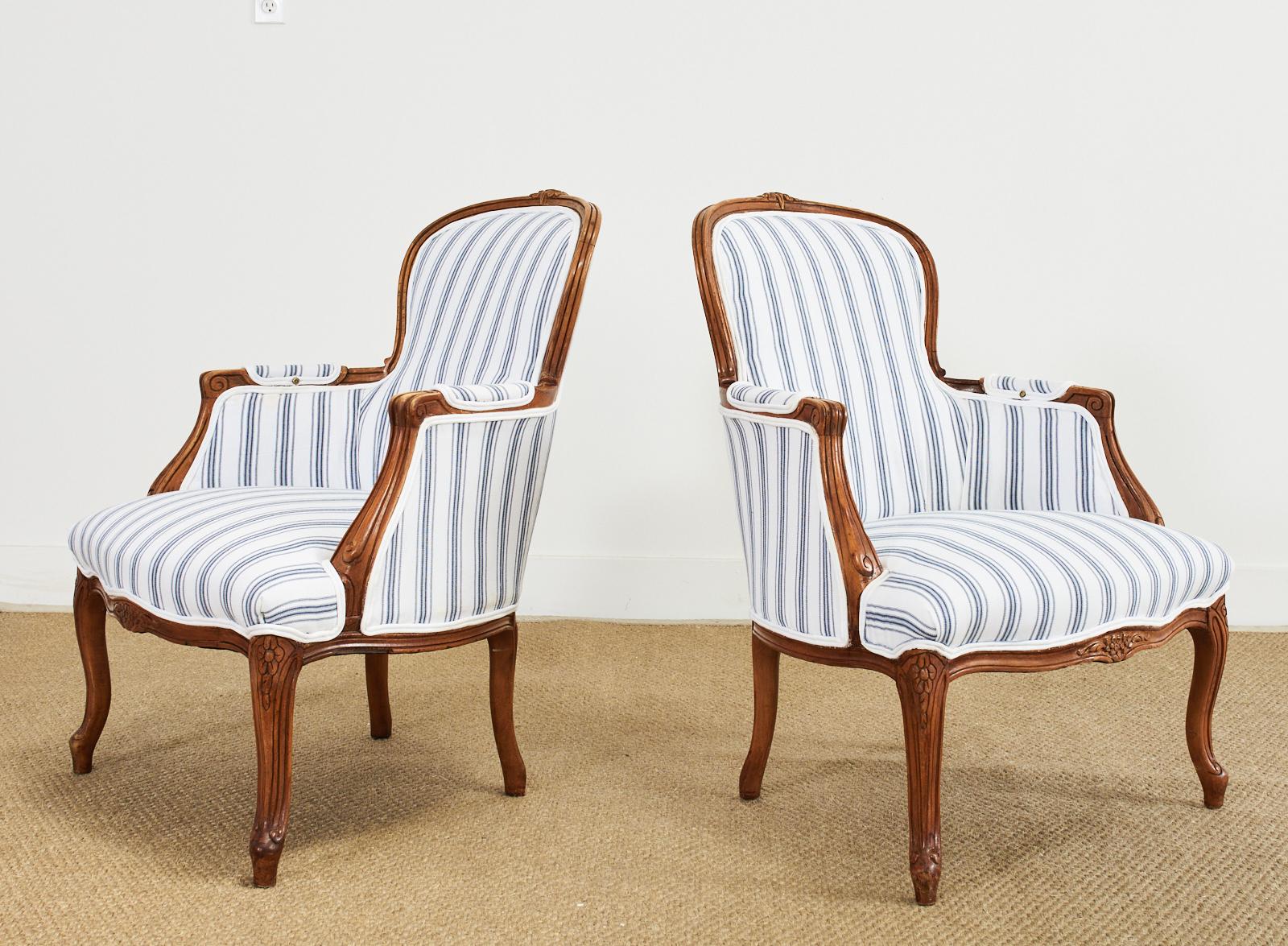 Hand-Crafted Pair of Country French Provincial Blue and White Bergere Armchairs