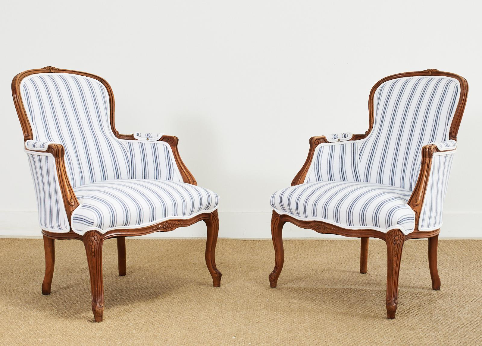 20th Century Pair of Country French Provincial Blue and White Bergere Armchairs