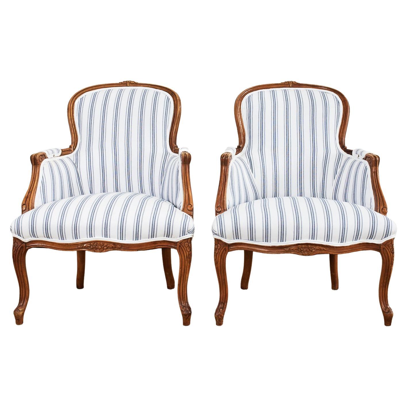 Pair of Country French Provincial Blue and White Bergere Armchairs