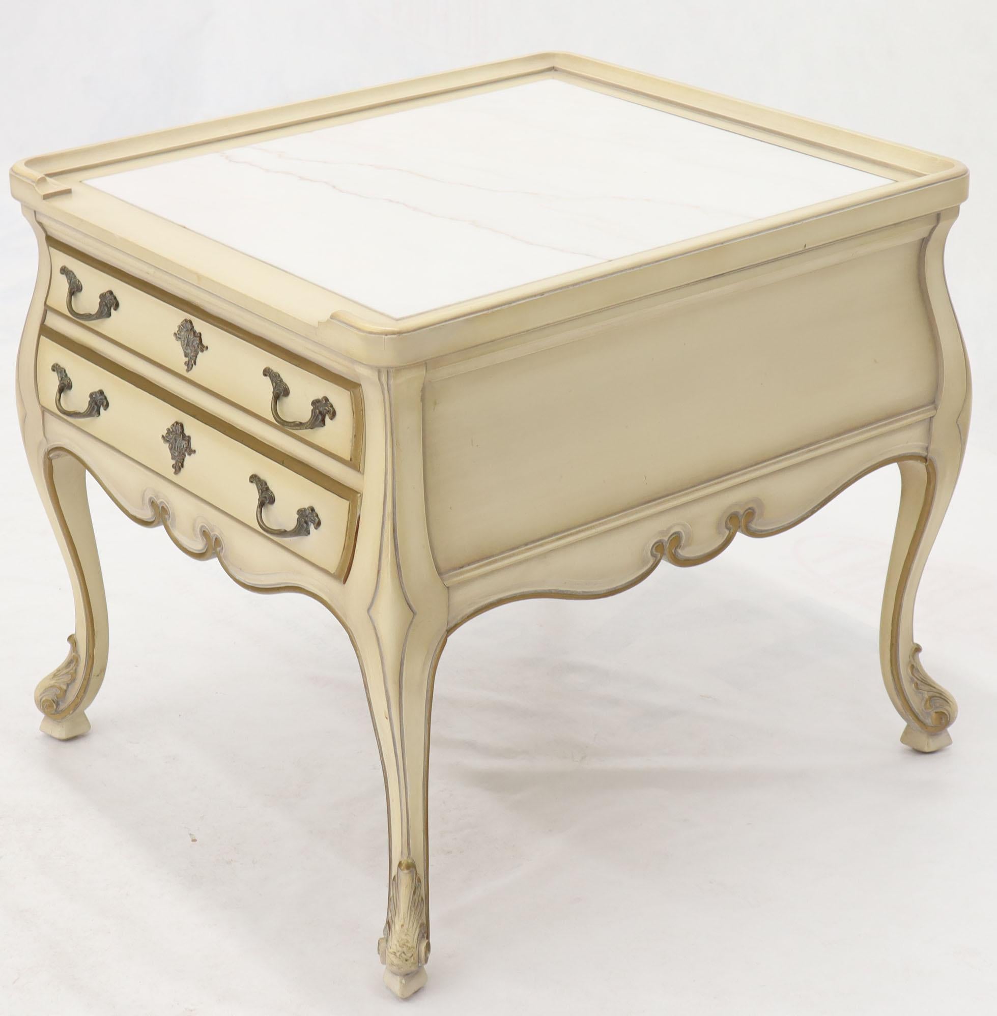 American Pair of Country French Provincial End Side Tables Marble Tops For Sale