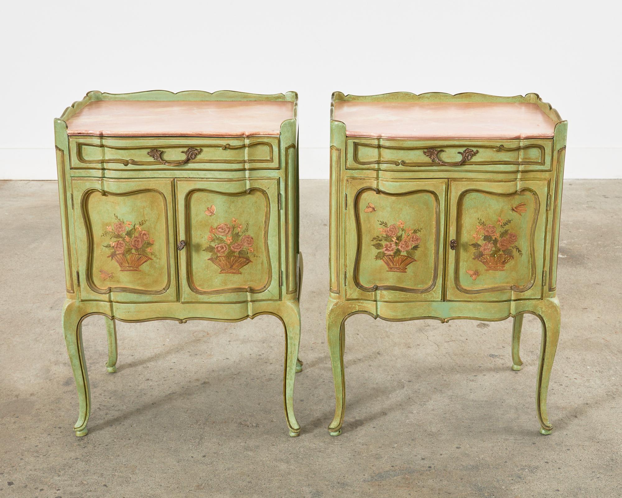 Painted Pair of Country French Provincial Louis XV Lacquered Nightstands