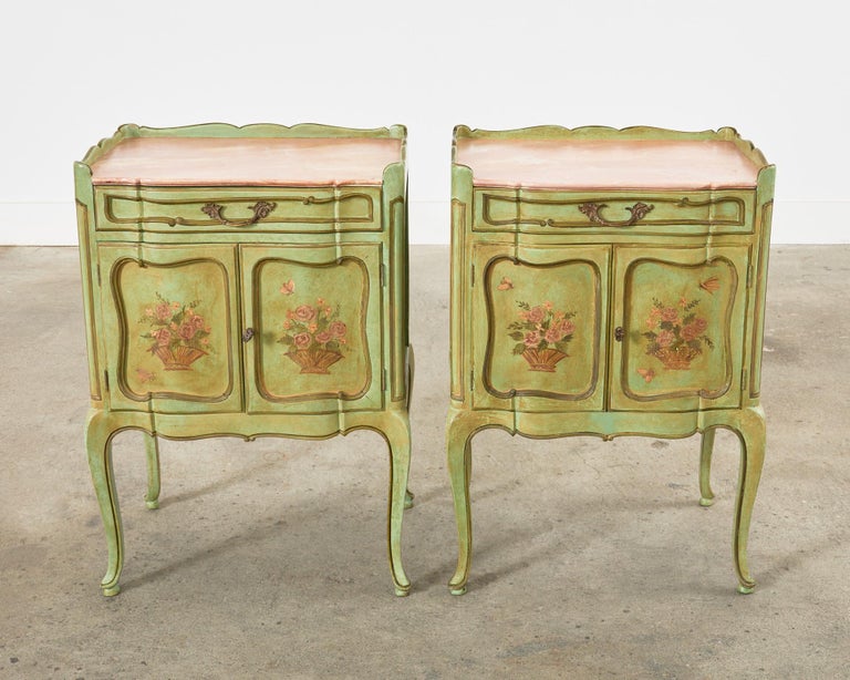 Painted Pair of Country French Provincial Louis XV Lacquered Nightstands For Sale