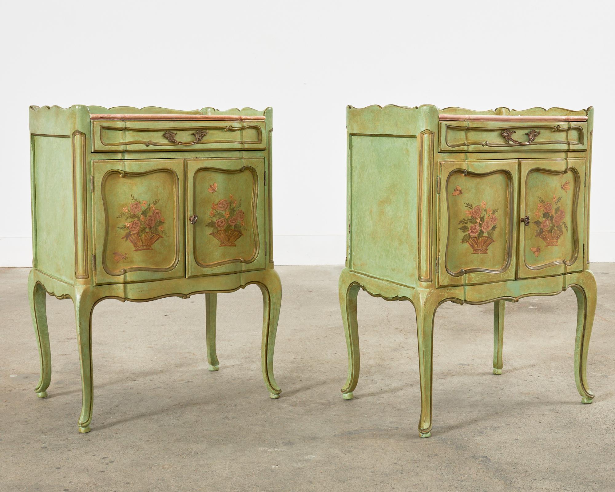 Brass Pair of Country French Provincial Louis XV Lacquered Nightstands