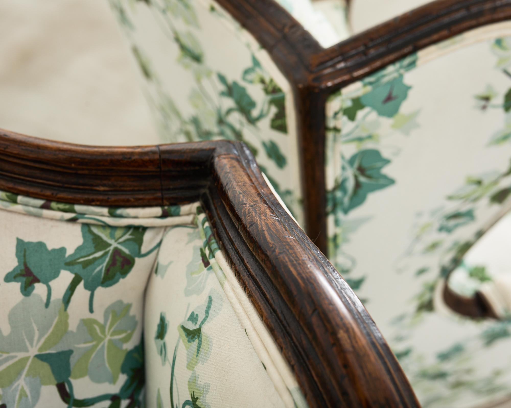 Pair of Country French Provincial Walnut Botanical Wingback Chairs For Sale 4