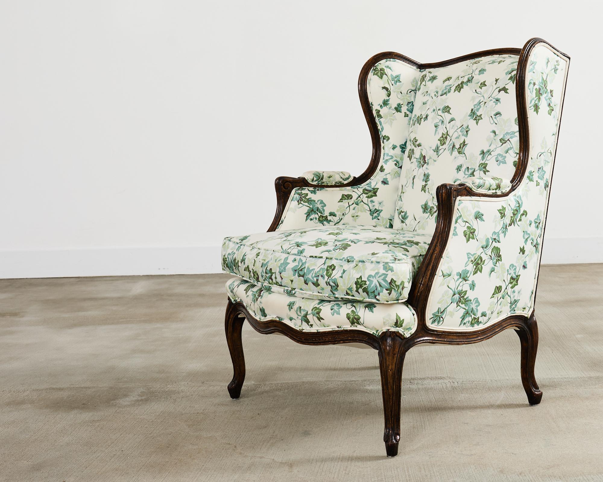 Pair of Country French Provincial Walnut Botanical Wingback Chairs For Sale 8