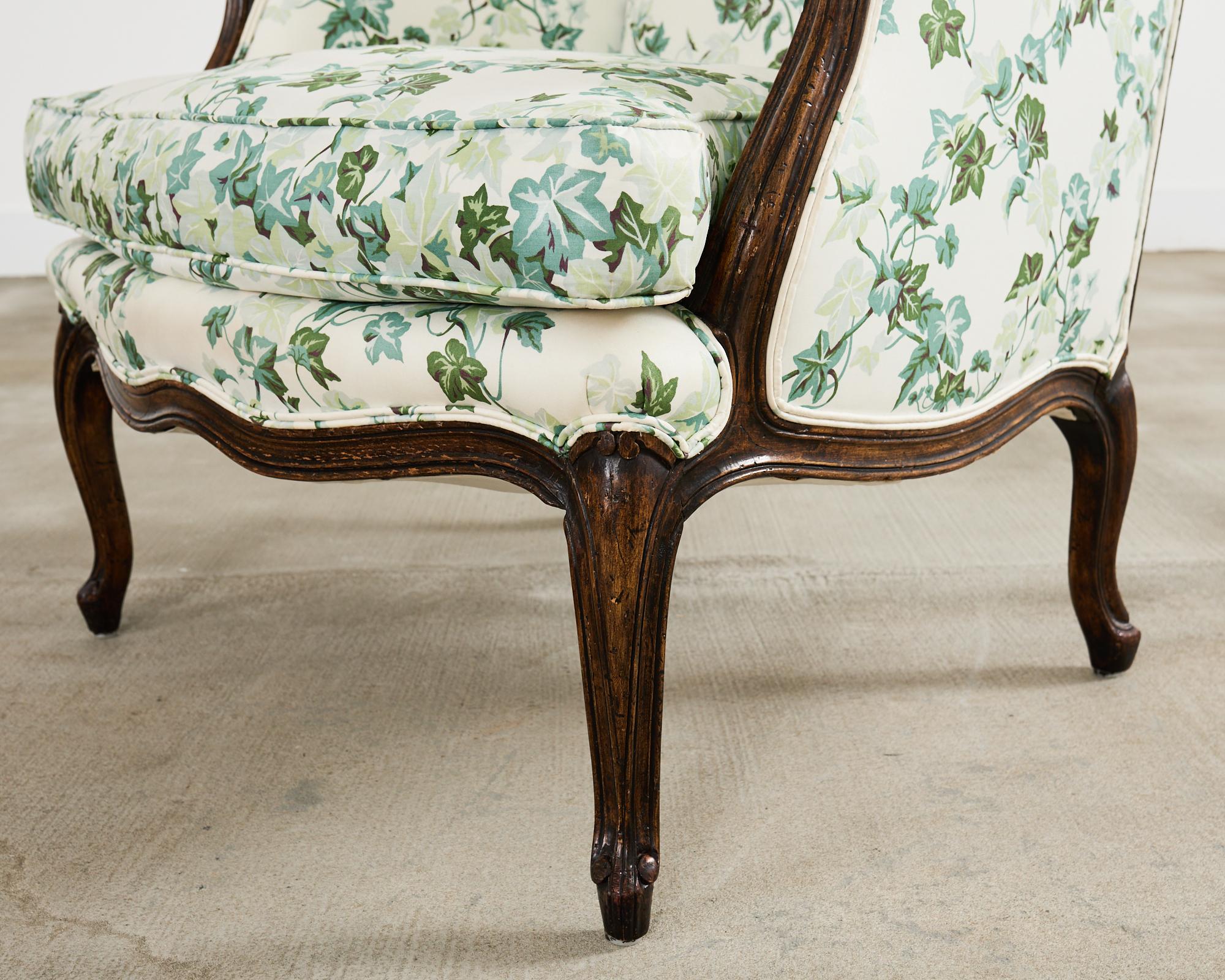 Pair of Country French Provincial Walnut Botanical Wingback Chairs For Sale 9