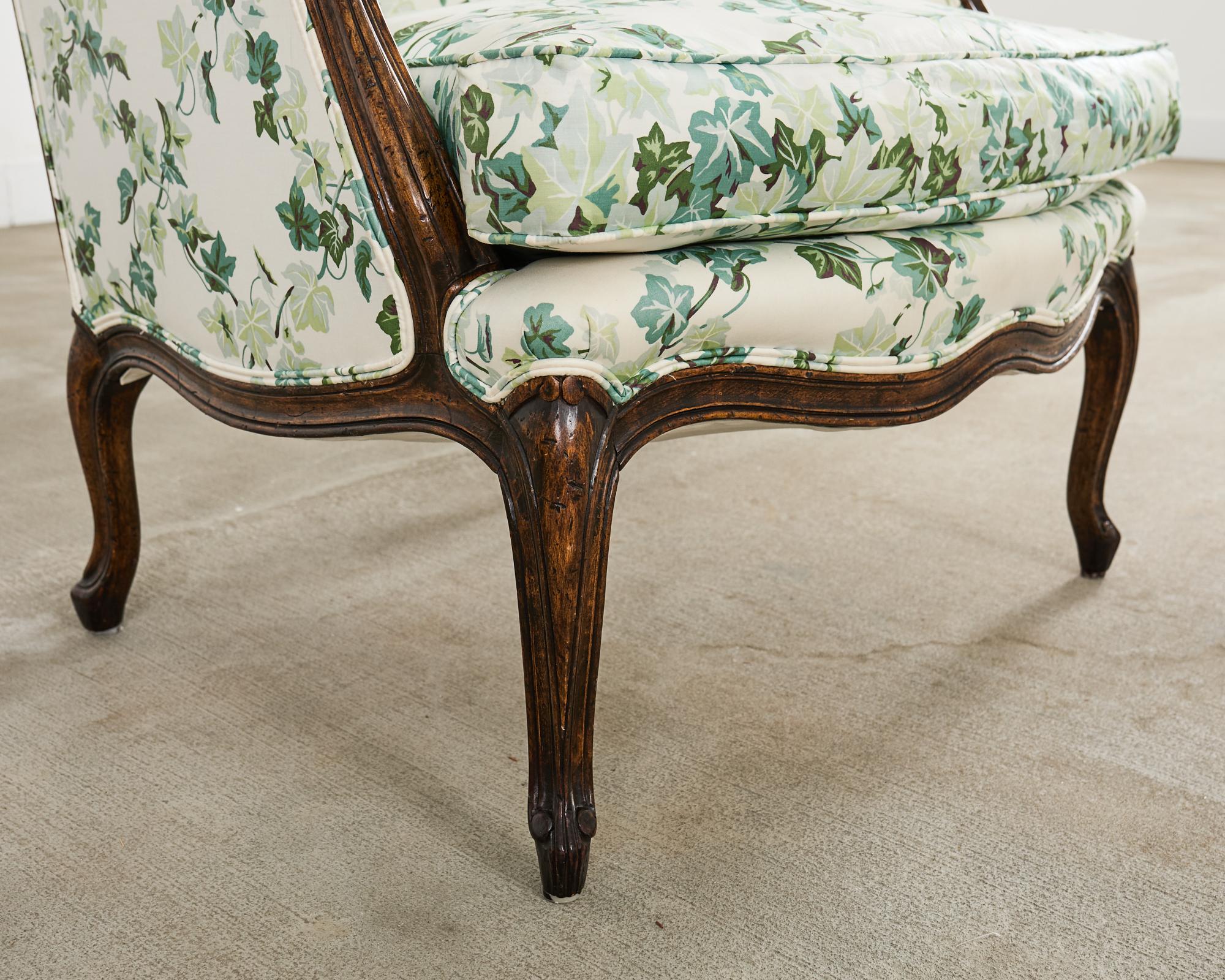 Pair of Country French Provincial Walnut Botanical Wingback Chairs For Sale 10