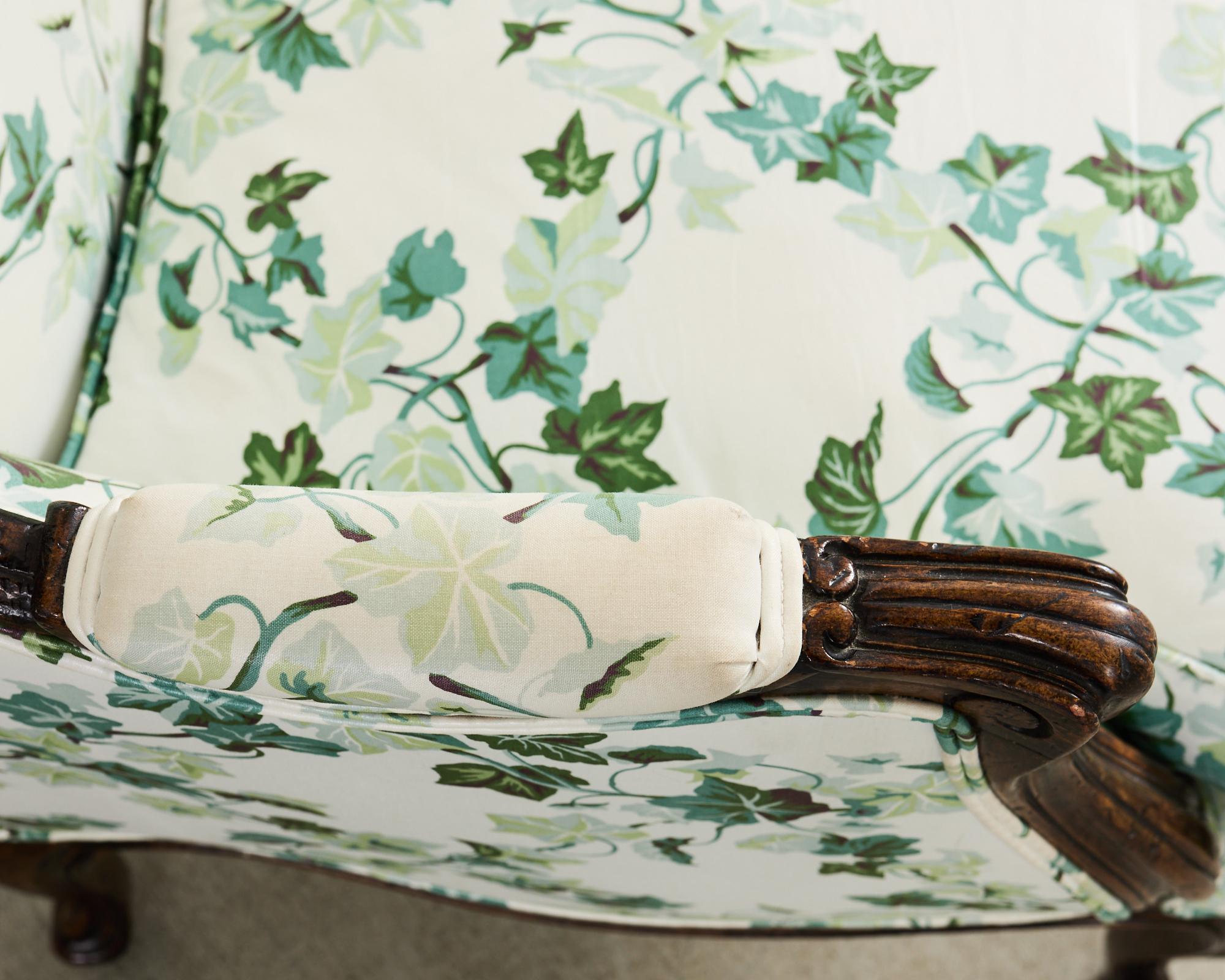 Pair of Country French Provincial Walnut Botanical Wingback Chairs For Sale 11