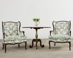 Pair of Country French Provincial Walnut Botanical Wingback Chairs