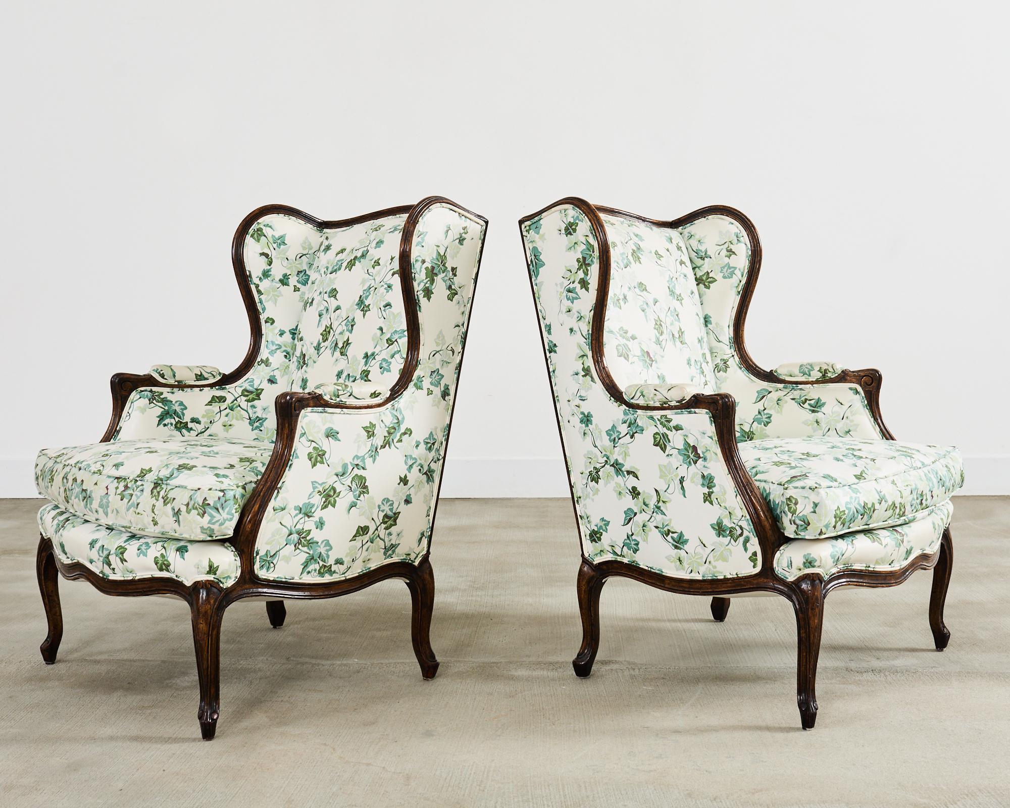 Pair of Country French Provincial Walnut Botanical Wingback Chairs In Good Condition For Sale In Rio Vista, CA