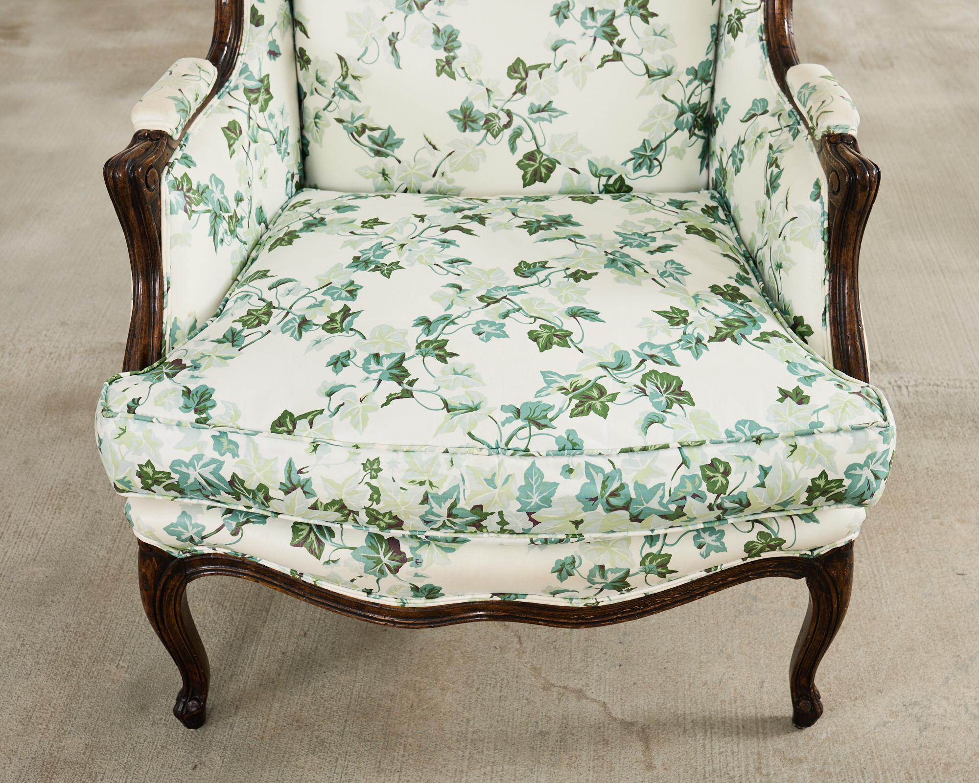 Fabric Pair of Country French Provincial Walnut Botanical Wingback Chairs For Sale