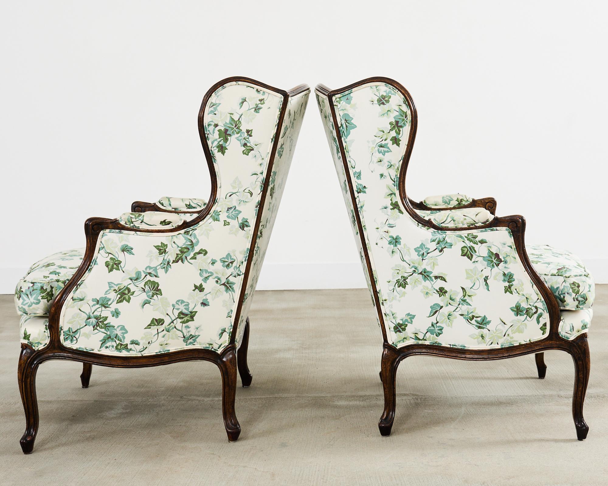 Pair of Country French Provincial Walnut Botanical Wingback Chairs For Sale 1
