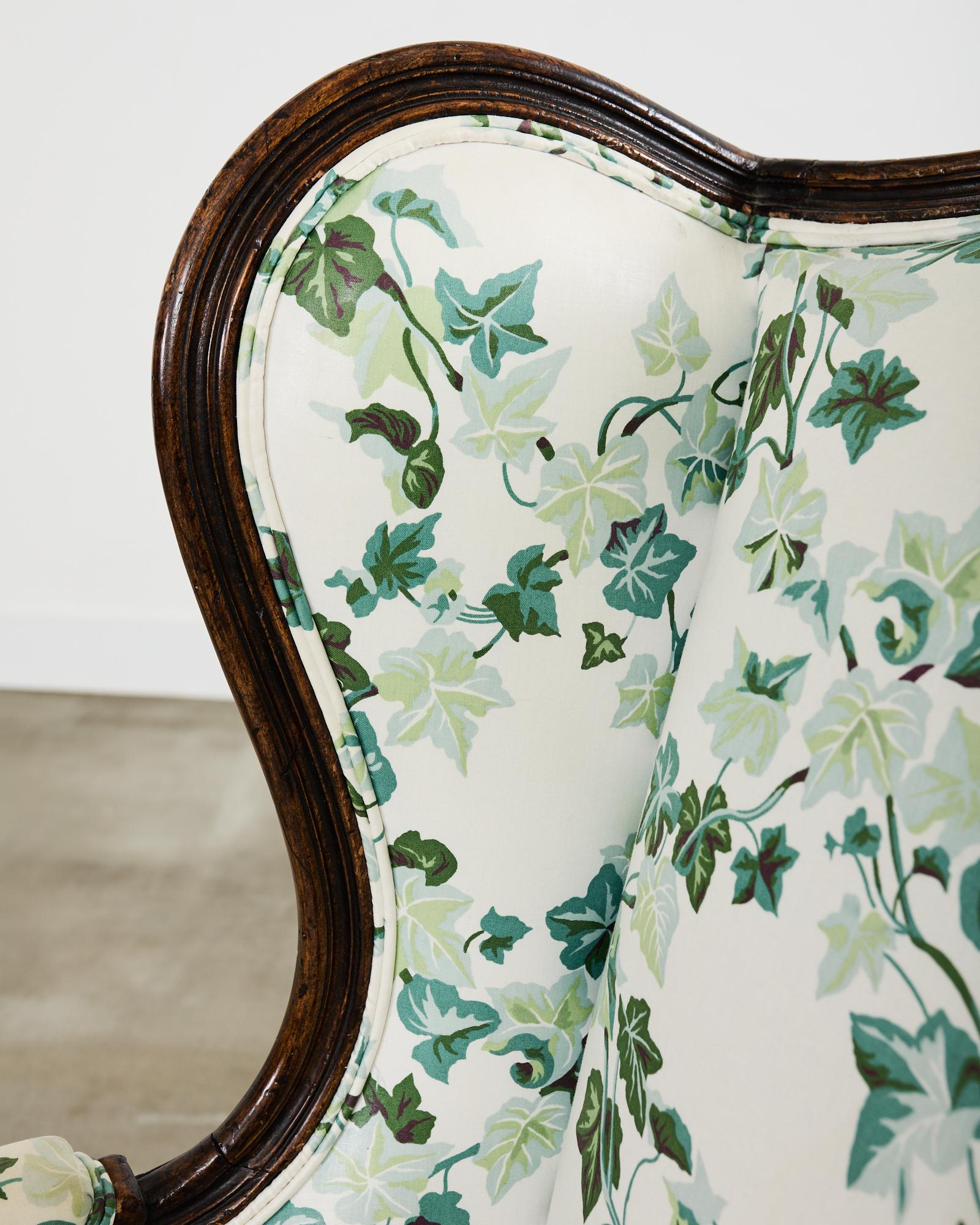 Pair of Country French Provincial Walnut Botanical Wingback Chairs For Sale 2