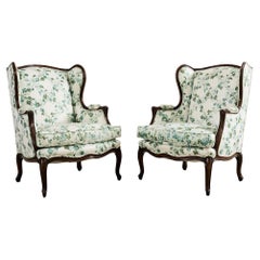 Pair of Country French Provincial Walnut Botanical Wingback Chairs