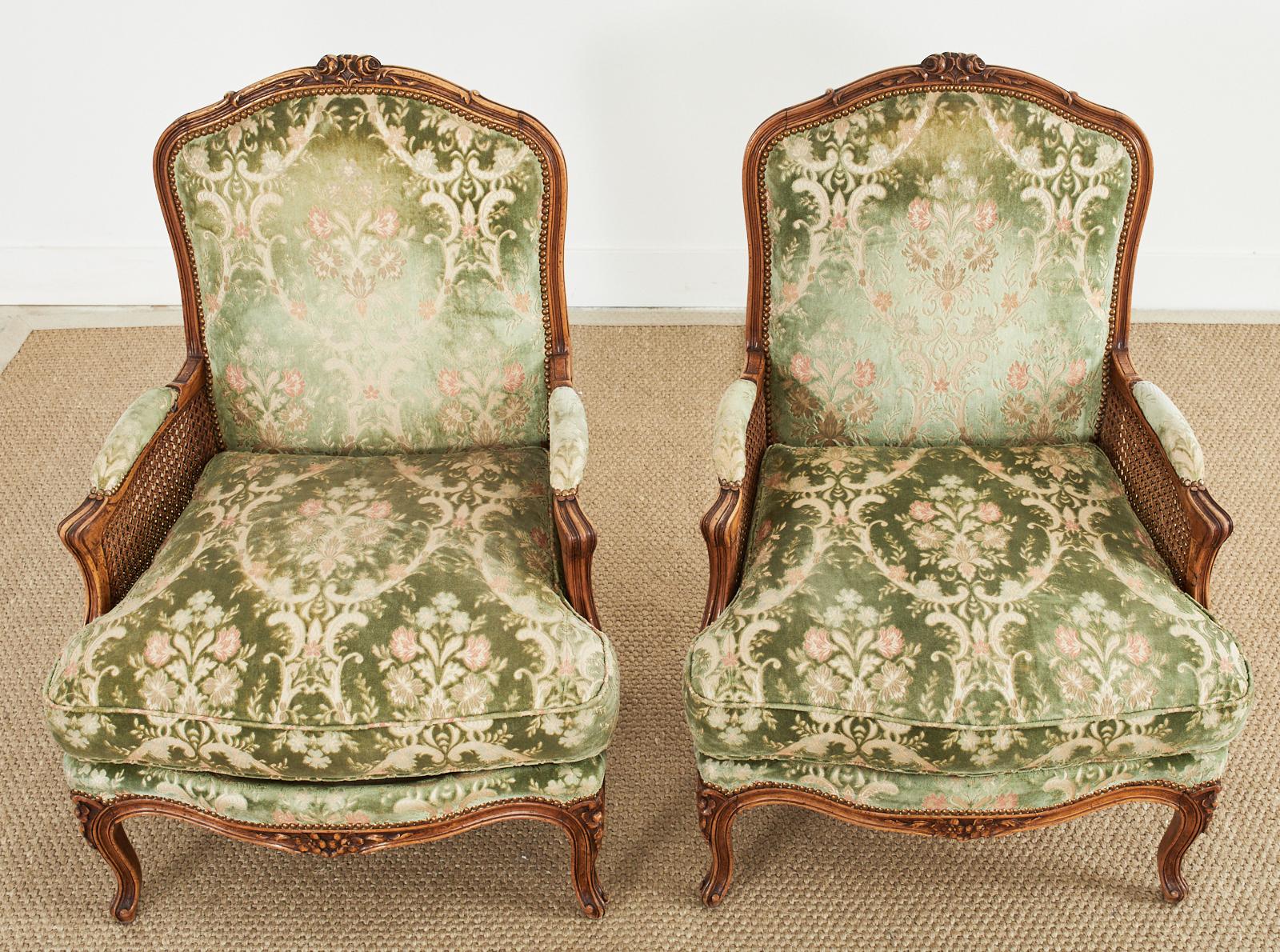 Hand-Crafted Pair of Country French Provincial Walnut Cane Bergere Armchairs