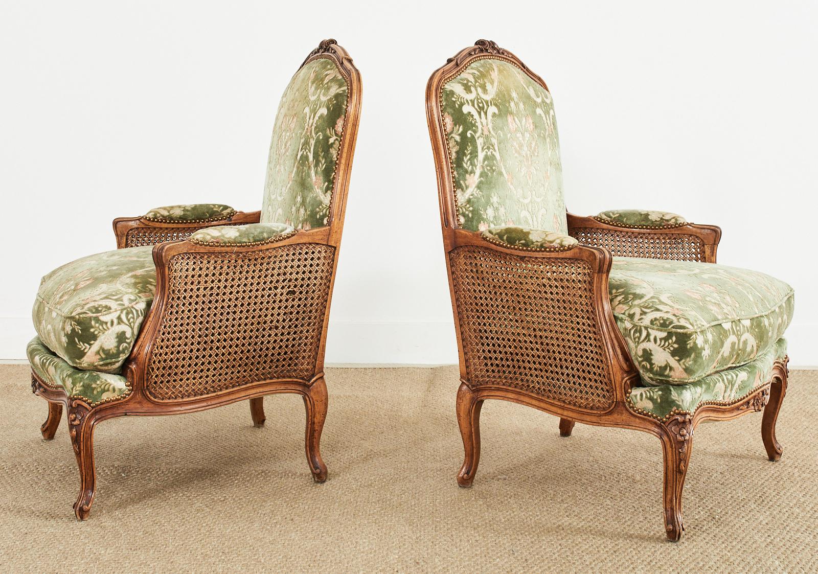 Pair of Country French Provincial Walnut Cane Bergere Armchairs In Good Condition In Rio Vista, CA