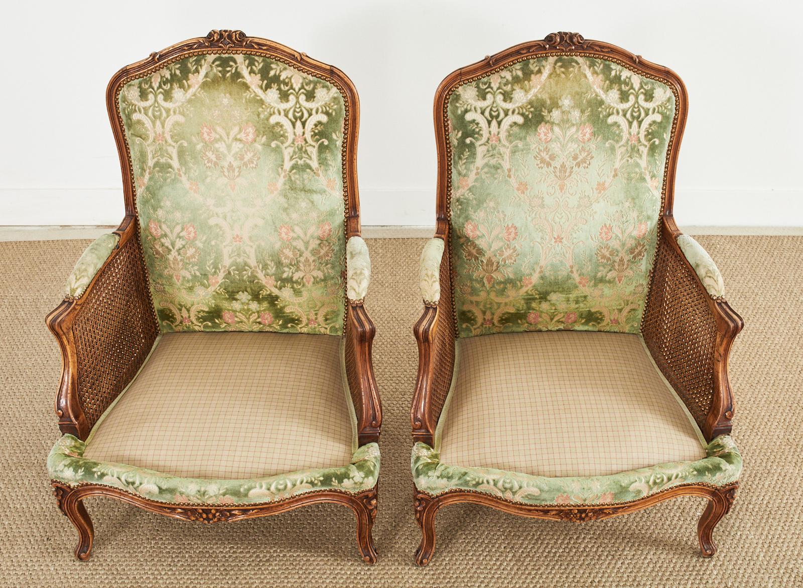 Brass Pair of Country French Provincial Walnut Cane Bergere Armchairs