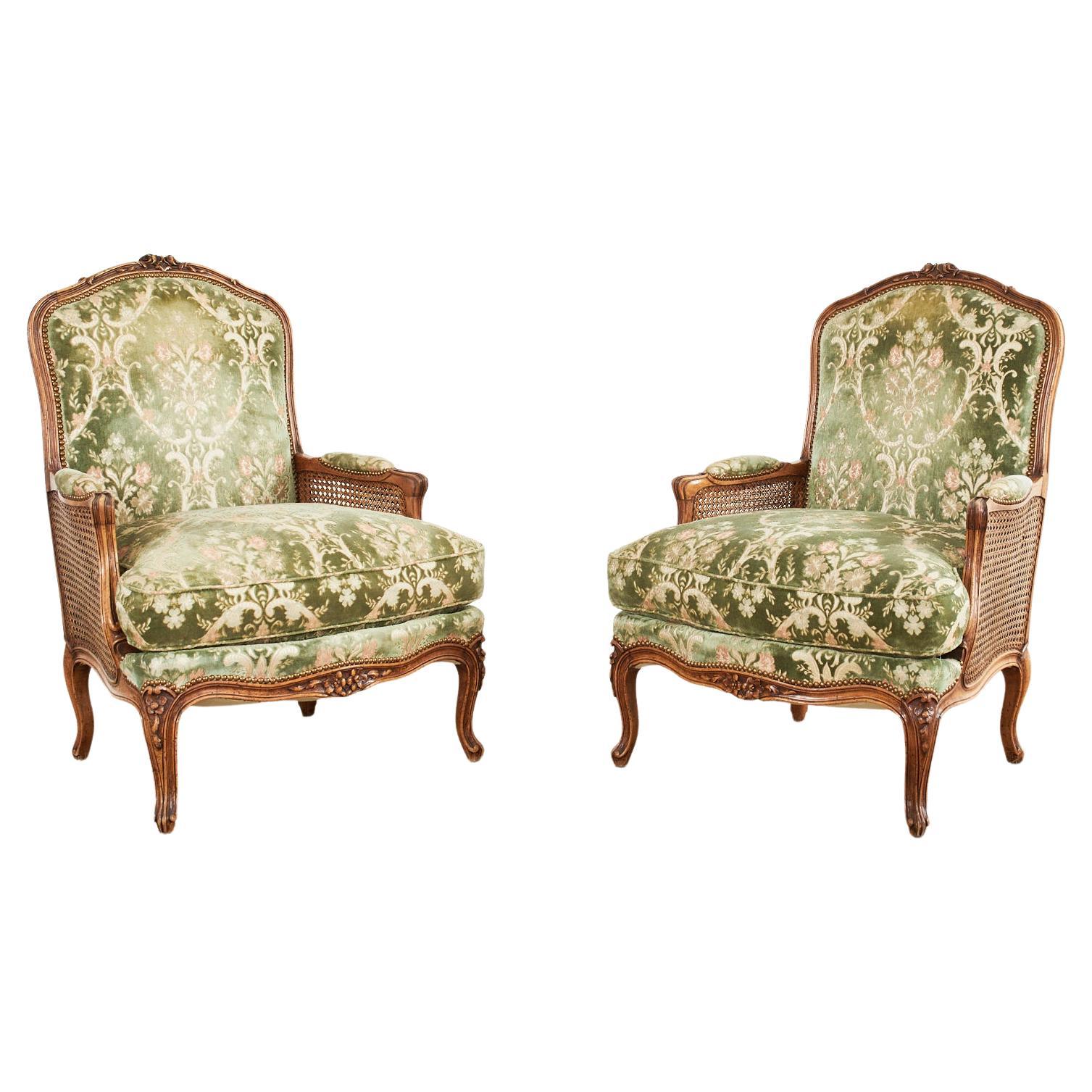 Pair of Country French Provincial Walnut Cane Bergere Armchairs