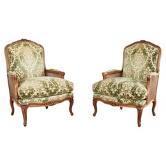 Pair of Country French Provincial Walnut Cane Bergere Armchairs