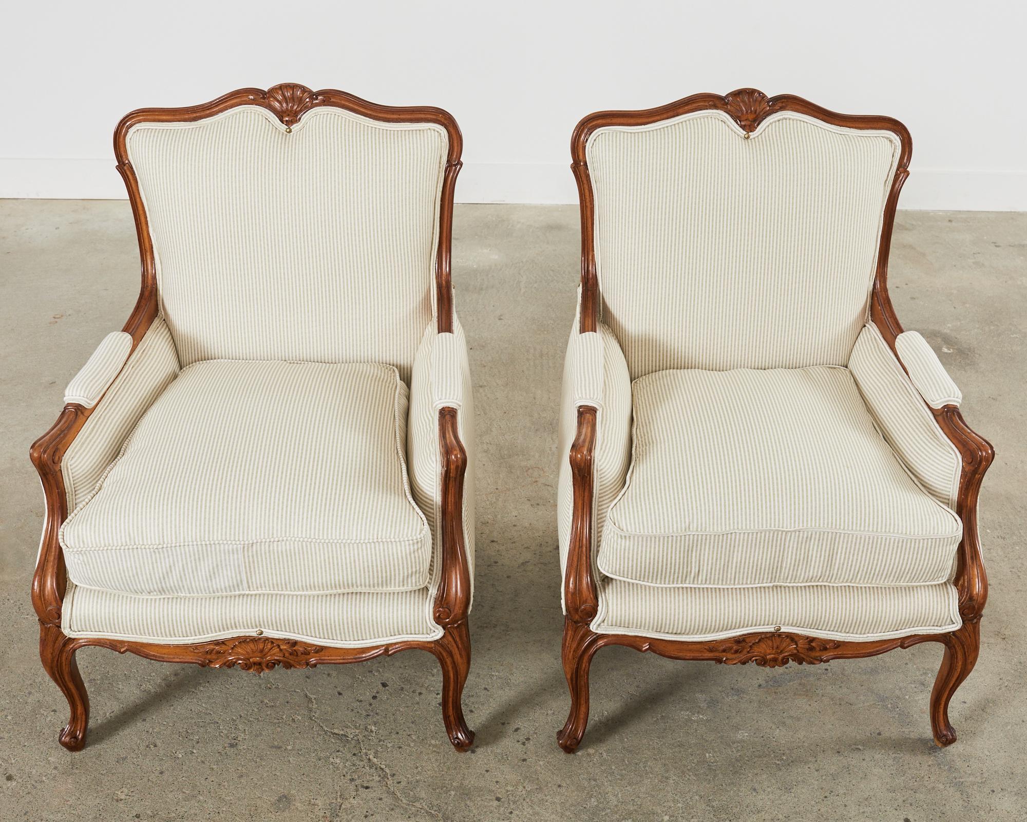 Italian Pair of Country French Provincial Walnut Carved Armchairs For Sale