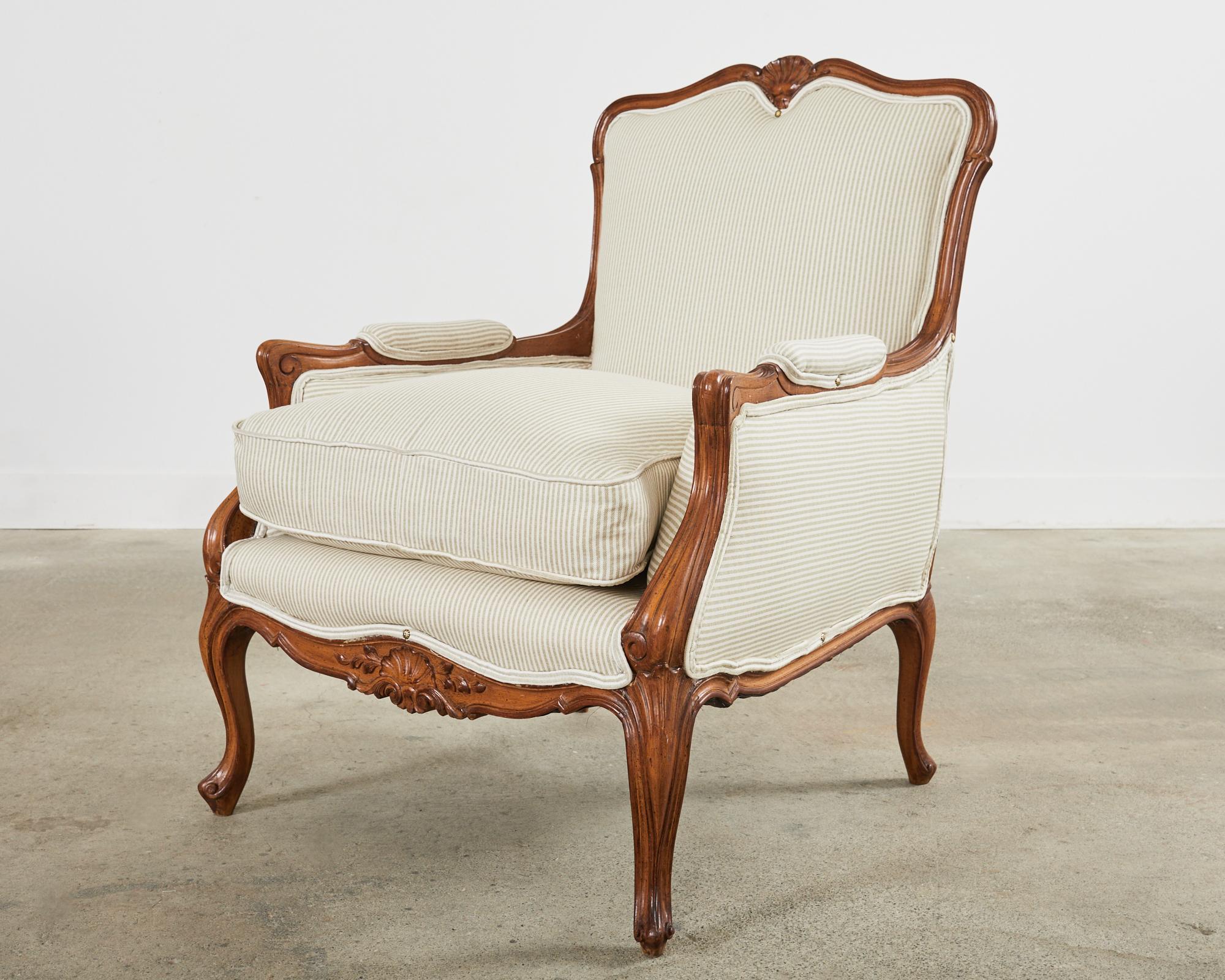 Fabric Pair of Country French Provincial Walnut Carved Armchairs For Sale