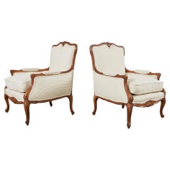 Retro Pair of Country French Provincial Walnut Carved Armchairs