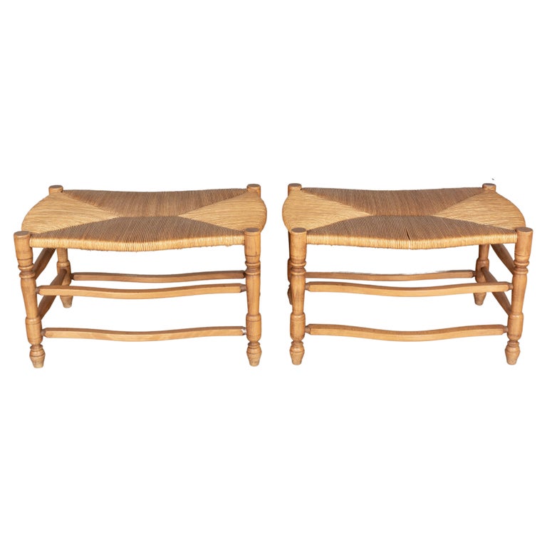 Pair of Country French Rush Seat Benches or Ottomans For Sale at 1stDibs