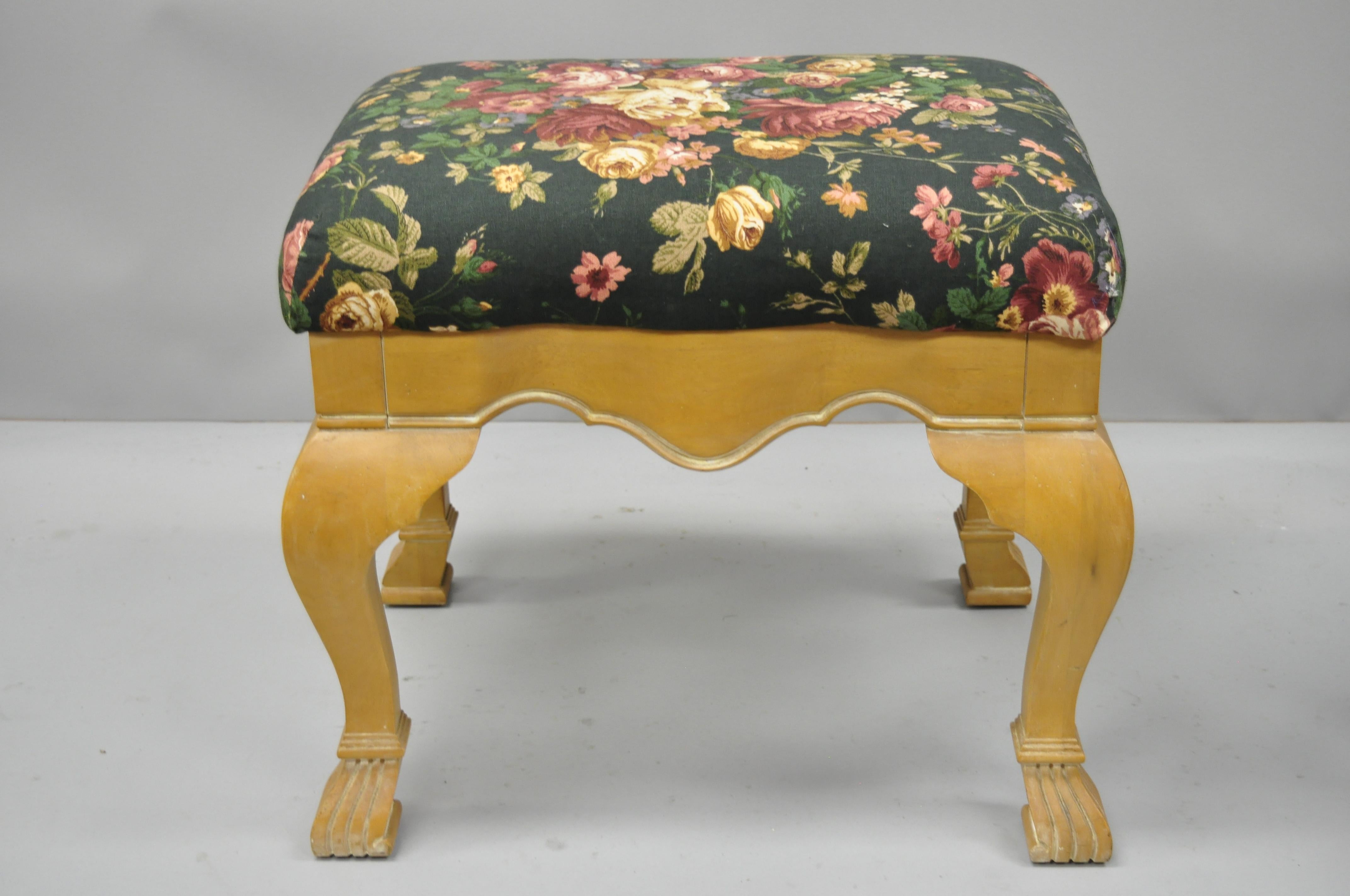 Pair of Country French Style Cabriole Leg Hoof Foot Upholstered Stools Benches For Sale 1