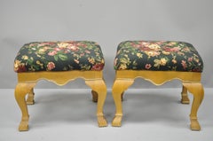 Pair of Country French Style Cabriole Leg Hoof Foot Upholstered Stools Benches