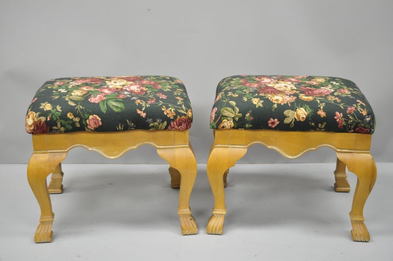 Pair of Country French Style Cabriole Leg Hoof Foot Upholstered Stools
