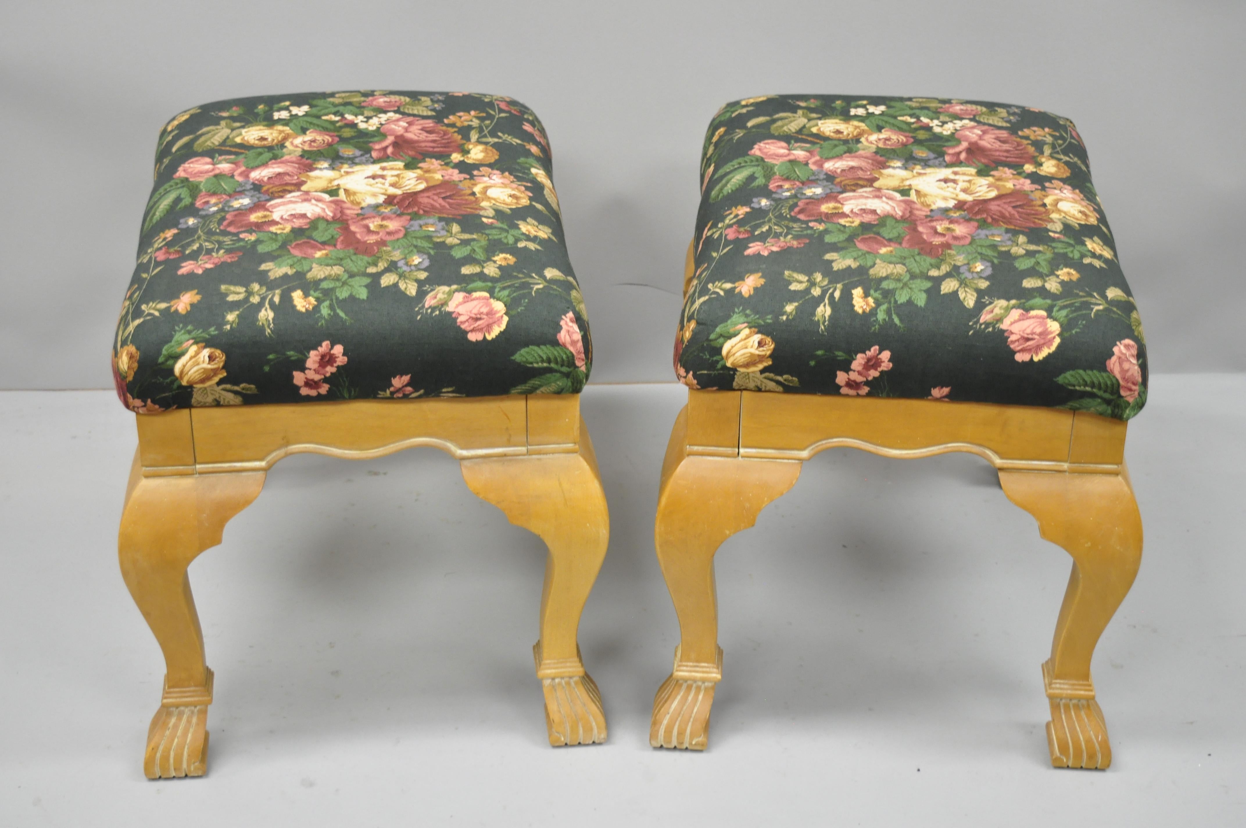 American Pair of Country French Style Cabriole Leg Hoof Foot Upholstered Stools Benches