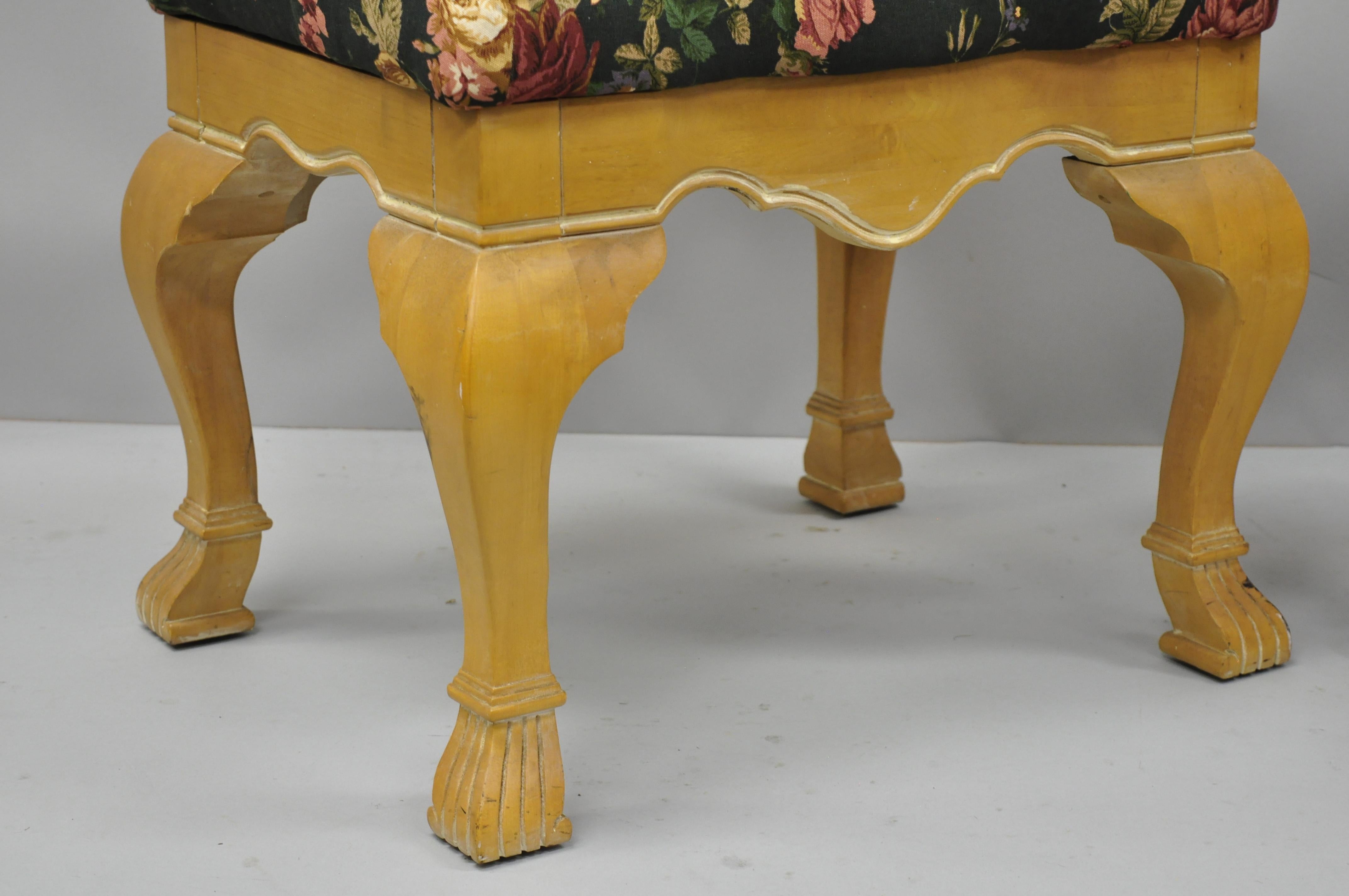 Pair of Country French Style Cabriole Leg Hoof Foot Upholstered Stools Benches In Good Condition In Philadelphia, PA