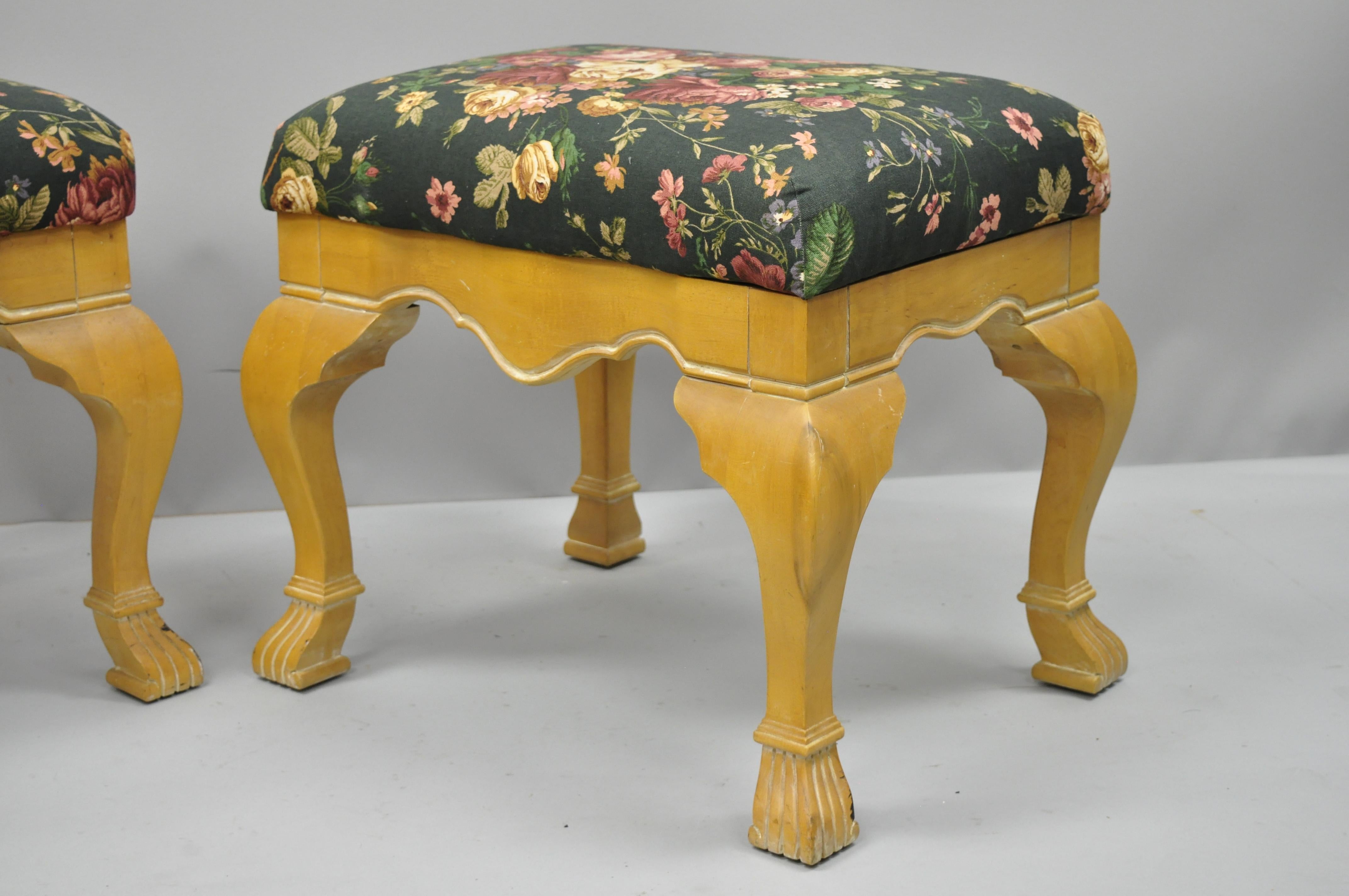 20th Century Pair of Country French Style Cabriole Leg Hoof Foot Upholstered Stools Benches