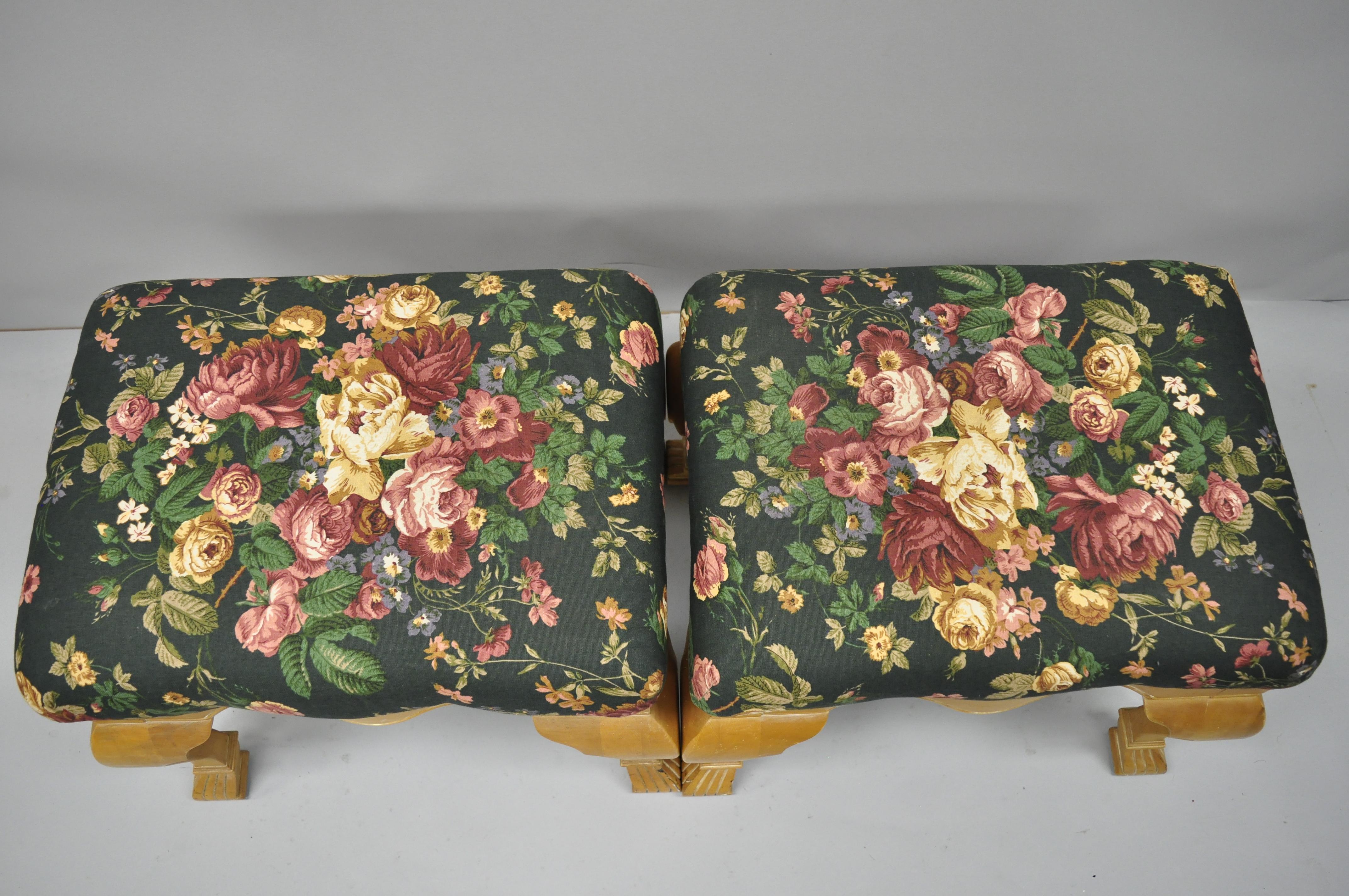 Pair of Country French Style Cabriole Leg Hoof Foot Upholstered Stools Benches In Good Condition For Sale In Philadelphia, PA