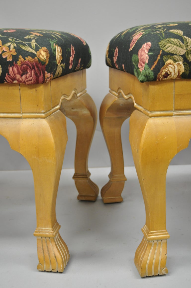 Pair of Country French Style Cabriole Leg Hoof Foot Upholstered Stools