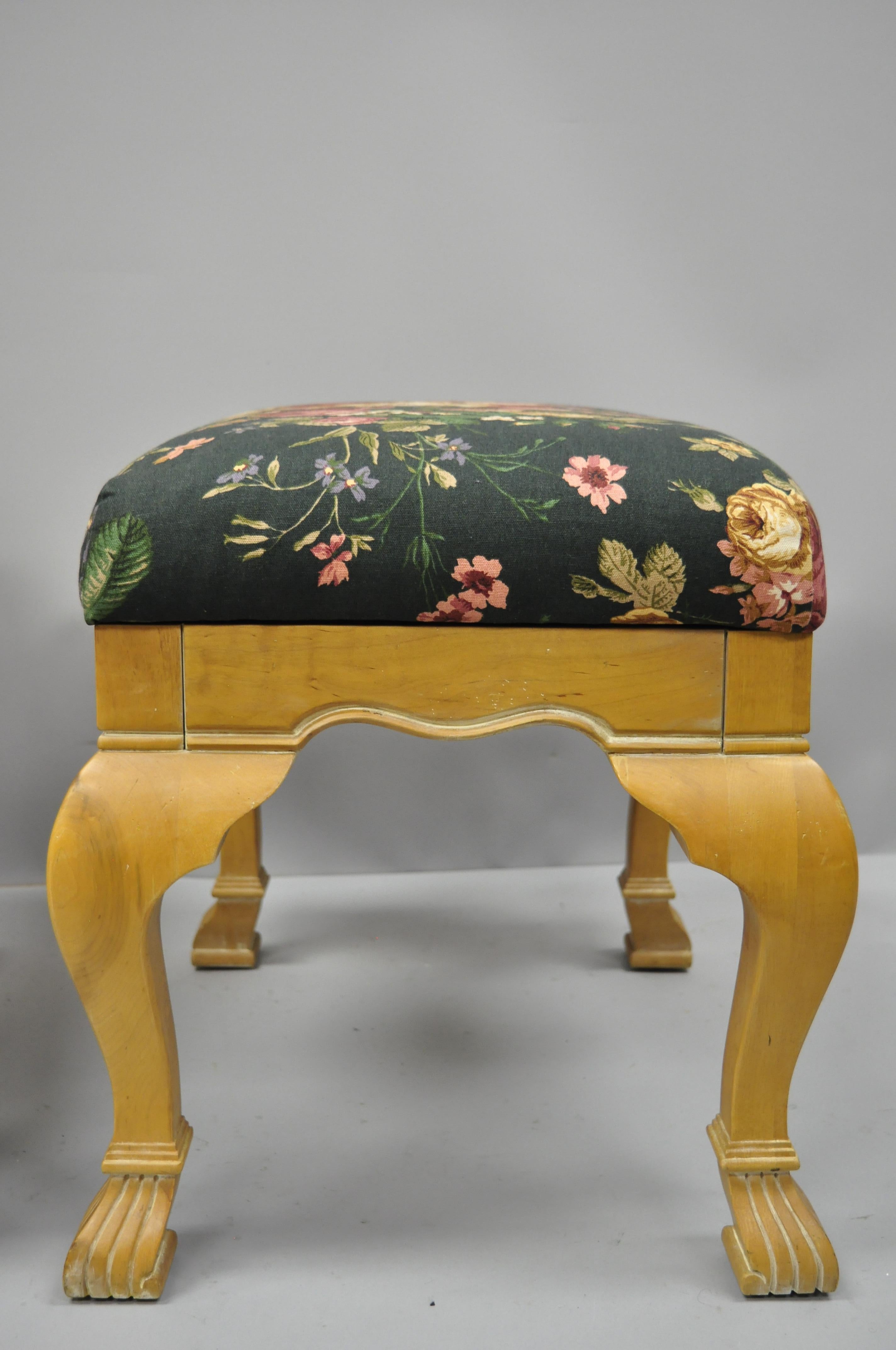 Fabric Pair of Country French Style Cabriole Leg Hoof Foot Upholstered Stools Benches For Sale