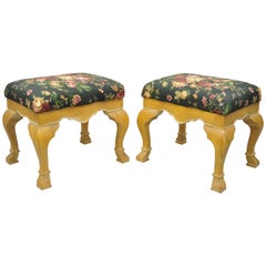 Pair of Country French Style Cabriole Leg Hoof Foot Upholstered Stools Benches
