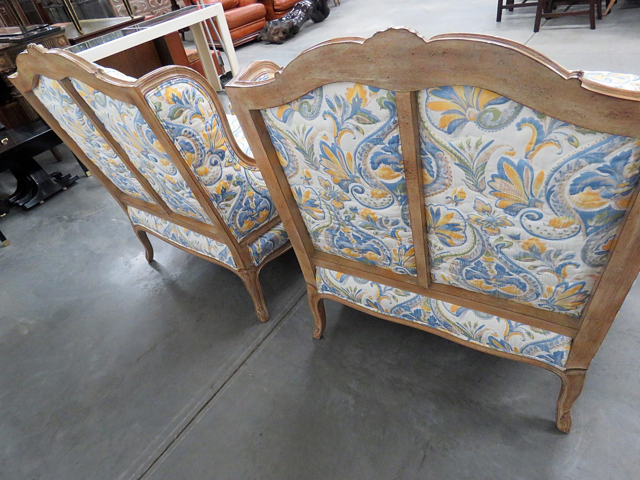 Pair of Country French Style Wingback Chairs and Ottomans 4