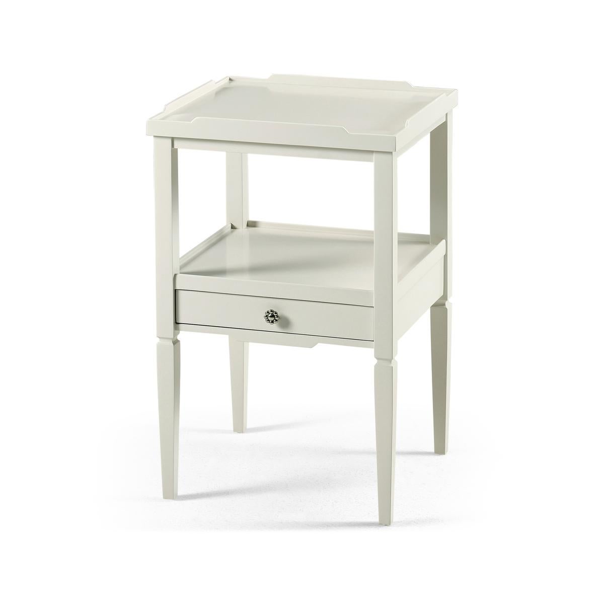 Country painted two tier end table, with a galleried top and a lower drawer shelf lined with a blue and white print. With custom cast hardware and square tapered legs.

Dimensions: 16