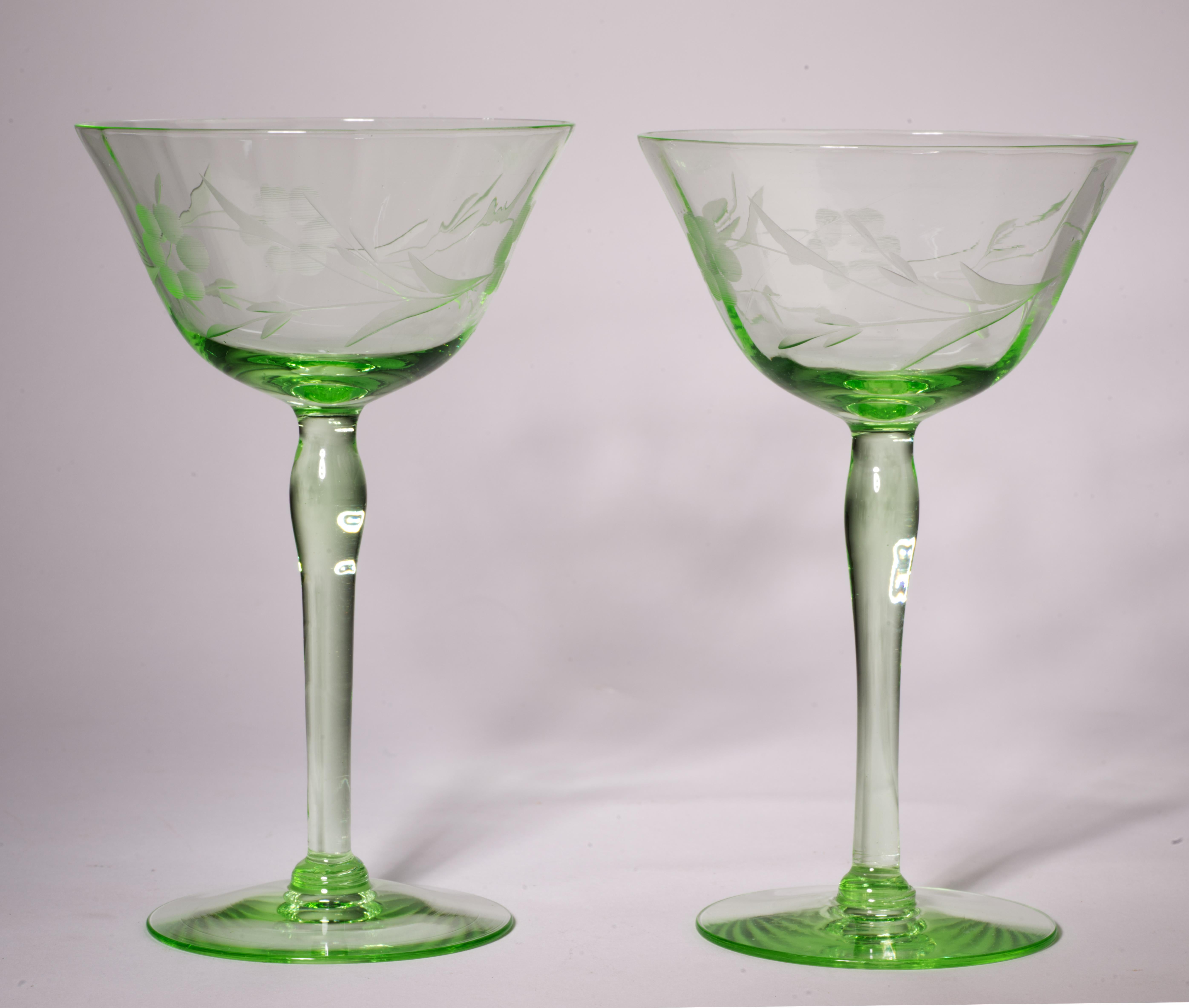 Mid-Century Modern Pair of Coupe Etched Glasses, Uranium Green Glass Glow in UV Light