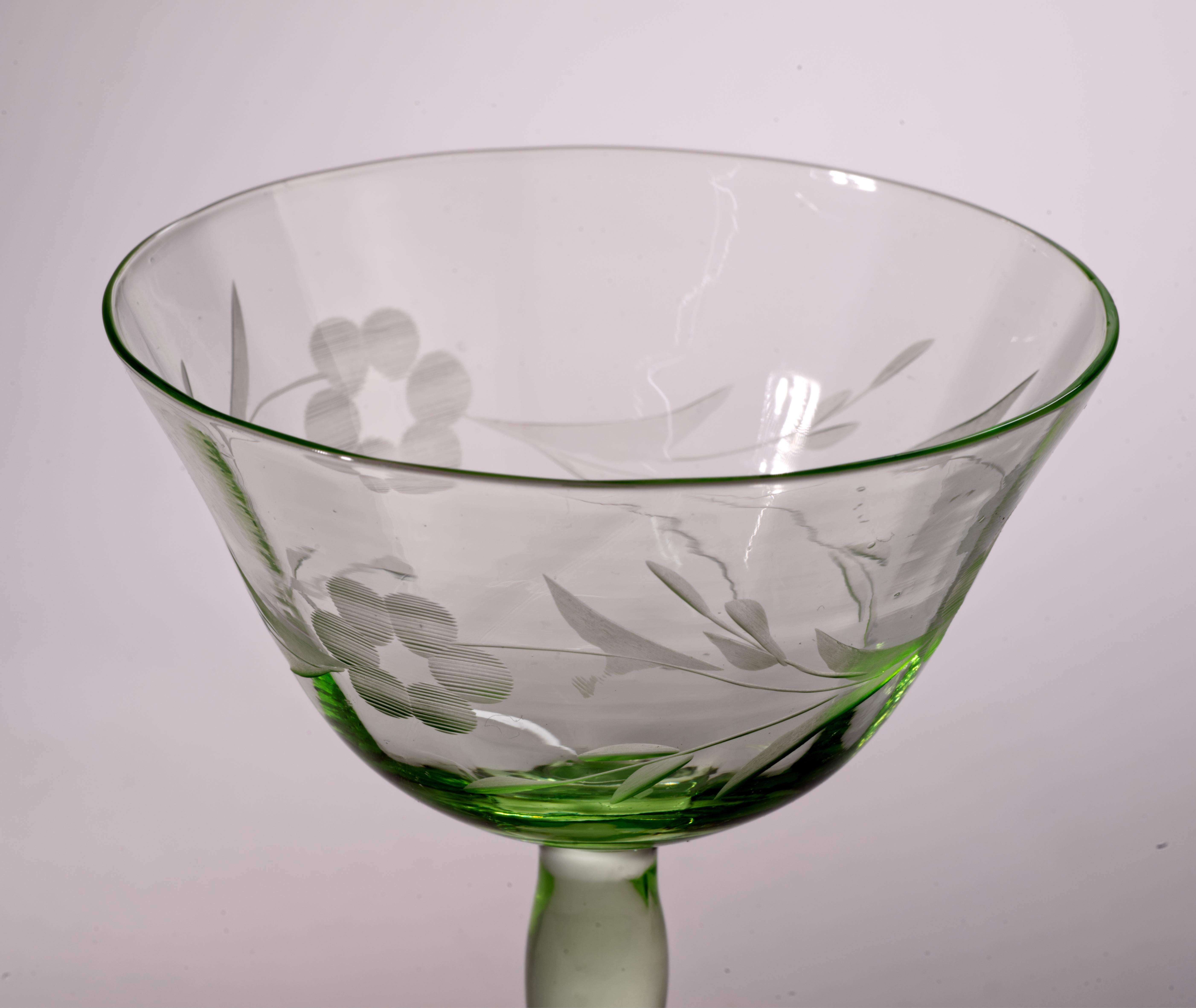 American Pair of Coupe Etched Glasses, Uranium Green Glass Glow in UV Light