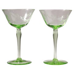 Pair of Coupe Etched Glasses, Uranium Green Glass Glow in UV Light