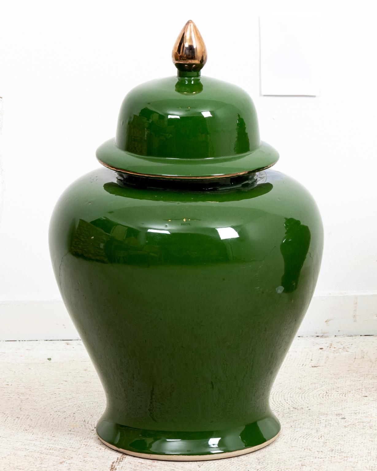 Ceramic Pair of Covered Green Painted Temple Jars with Lids For Sale
