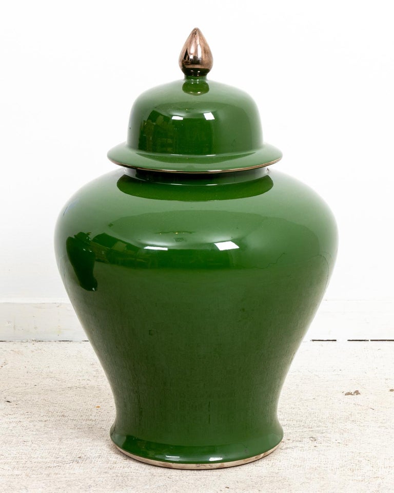 Pair of Covered Green Painted Temple Jars with Lids For Sale at 1stDibs