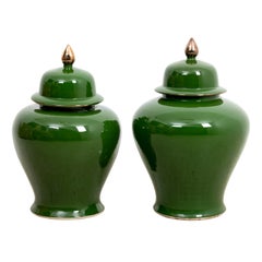 Pair of Covered Green Painted Temple Jars with Lids