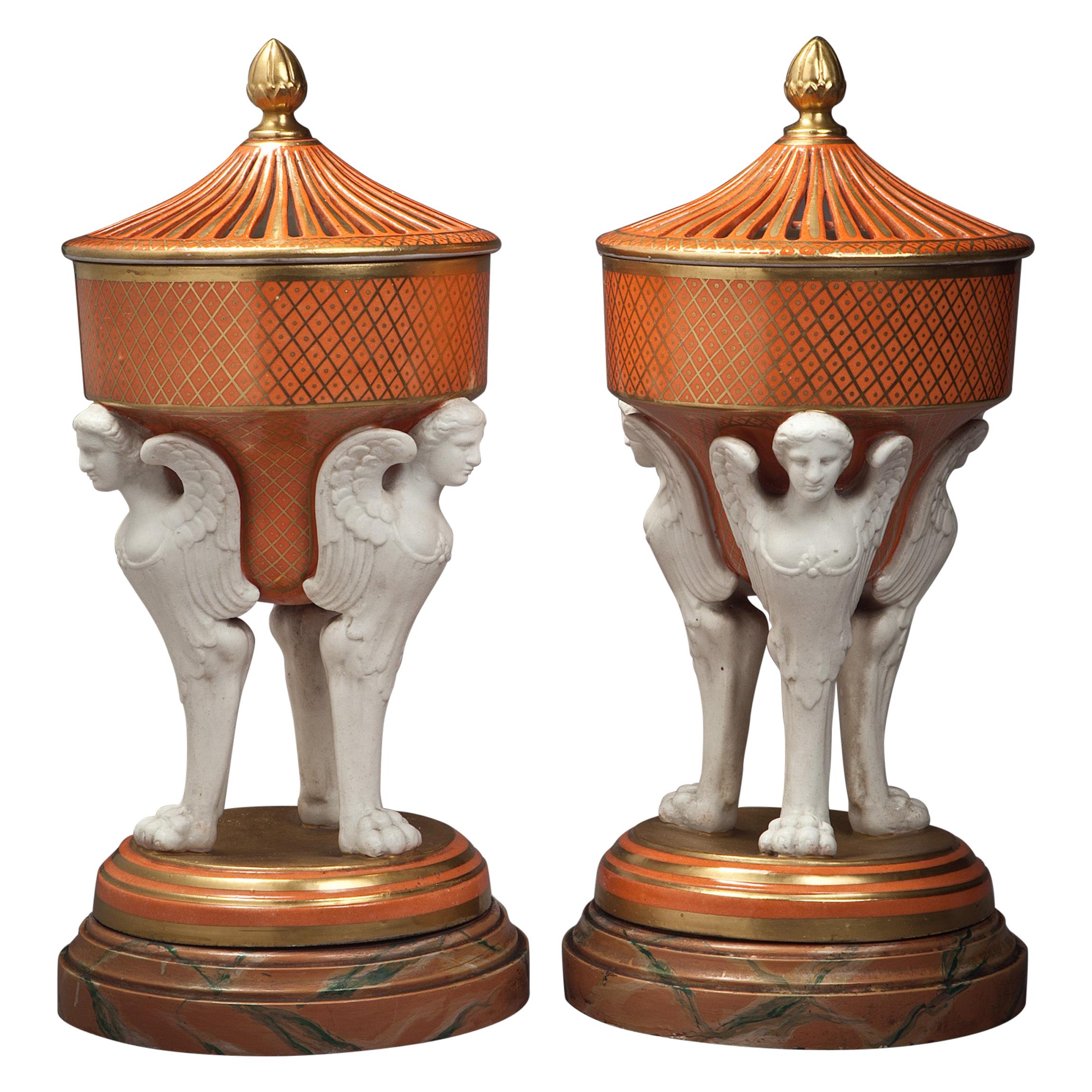 Pair of Covered Porcelain and Bisquit Figural Potpourri Urns, circa 1820 For Sale