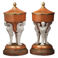 Pair of Covered Porcelain and Bisquit Figural Potpourri Urns, circa 1820