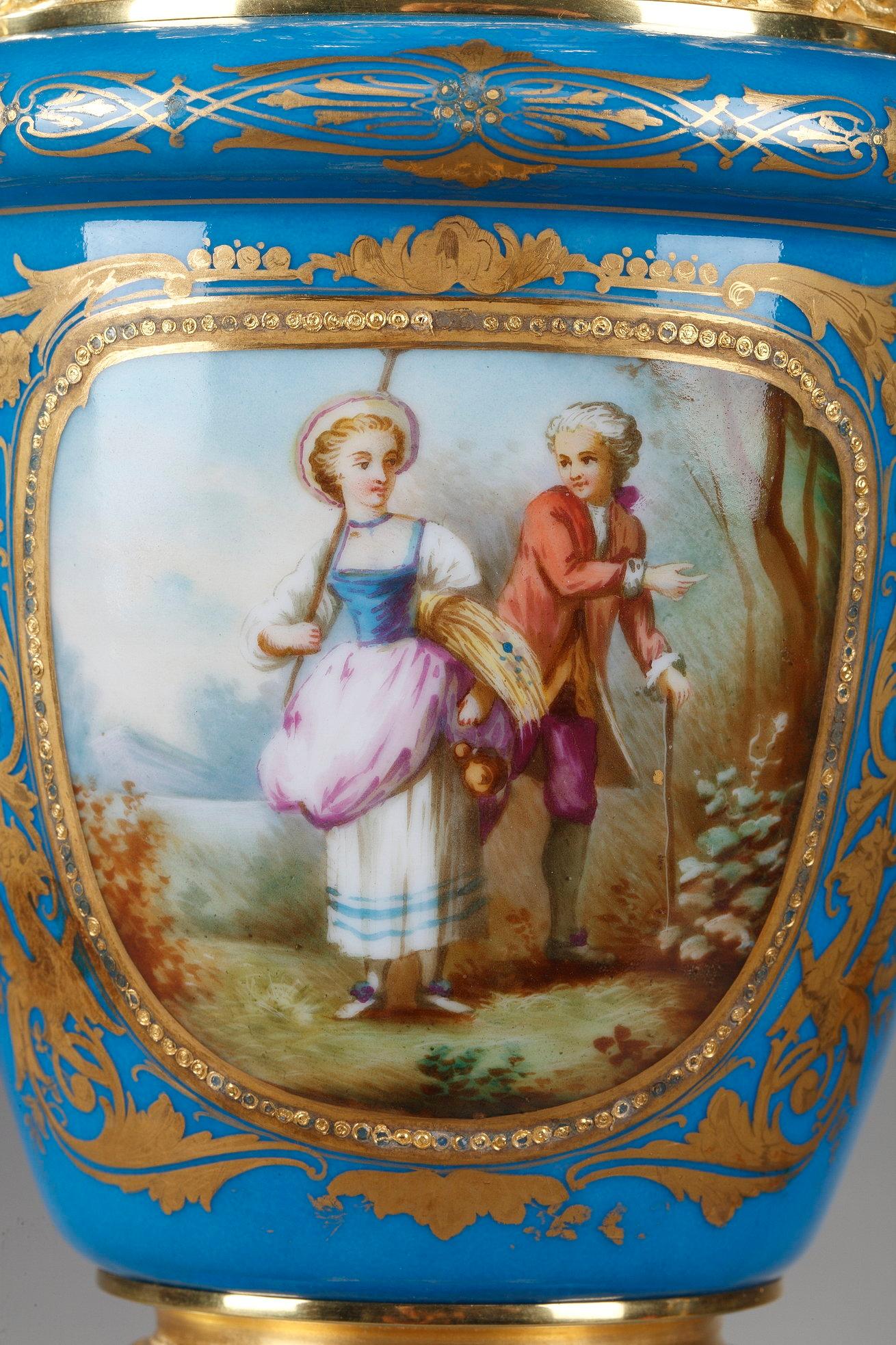 Pair of Covered Vases in Polychrome Porcelain in the Taste of Sèvres For Sale 5